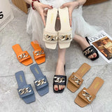 2021 Women Summer Slipper Square Toe Chain Slippers Slip on Flat Slide Sandals Beach Flip Flops Casual Shoe Ladies Big