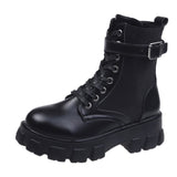 Motorcycle Boots For Women Lace Up Chunky Heels Belt Buckle Pocket Cool Punk Ladies Short Ankle Boots 2021 Girls