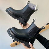 Trend Women Short Tube Chelsea Boots Black Slip-on Ladies Punk Ankle Boots Leisure PU Rain Boots Women Fur Platform