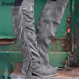 Women Long Boots Fashion Tassel High Heels Knee High Boots Solid Flock Leather Slip-On Long Spring Autumn Boots 2020 Botas