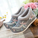 Flat Shoes Warm Winter Embroidered Chinese Ethnic Style Plus Velvet Female Cotton Shoes Pointed Toe 2021 Ladies