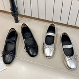 Silver Bowtie Flats Shoes Women Round Toe Patchwork Plaid Leather Loafers Flat Shoes