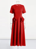 A-Word Long Dress 2025 Spring New Fashion Temperament Round-Neck Waist Thin Flowers Splicing Design Design Dress Dress