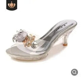Summer Women Slippers Crystal Flowers 6.5CM High Heels Mules Slides Lady Transparent Flip Flop Slippers Jelly Sandals