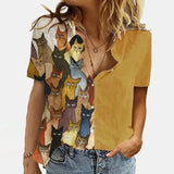 Women Elegant Office Simple Turn-down Collar Cartoon Print Casual Shirt Fashion Summer Short Sleeves Button Cardigan
