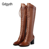 Spring Women Winter Knee High Boots Lacing Black Female Genuine Leather Boots Ladies Square High Heels Rubber Sole