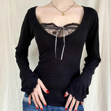 Sexy Lace Patchwork Solid Casual Basic Tshirt Women Vintage Black Long Sleeve Top Tees Cute Pullovers Chic