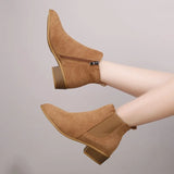 Women's Natural Suede Leather Elastic Patchwork Slip-on Flats Autumn Ankle Boots Square Toe Casual Short Chelsea Boots Shoes