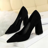 Breakj Simple Thick Heel High Heel Suede Shallow Pointed Professional OL Show Thin Women's Shoes High Heels Single