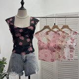 Fang Collar Broken Flower Mesh Flying Sleeve With Breast Pad Sling Vest Short Umbilly Sleeveless Top Lady