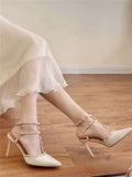 Summer New Shallow Mouth Pointed Black Riveted High Heels Women's Sandals Beautiful Naked Color Heeled Single