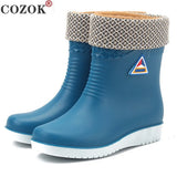 Non Slip Rain Boots Women Warm Mid Tube Round Toe Snow Boots Outdoor Water Shoes Waterproof Rain