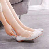 Breakj Flat-Bottomed Lace Wedding Shoes White Pointed Casual Flat Heels White Lace Casual Women's Shoes Low