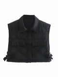 Chic Black Pocekts Quilting Cropped Vests Women 2021 Fashion Side Buttons Tie Turn-down Collar