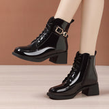 Leather English Style Rough Heel Martin Boots 2023 New Autumn And Winter Lacquered Leather Spring And Autumn Single Boots With Velvet Cotton