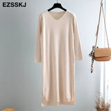 autumn winter sweater long dress elegant knit thick straight dress women loose split side dress casual chic