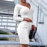 New Spring Autumn Lady Long Sleeve Dress Mini Dress Women Elegant V-Neck Solid Color Slim Dress Fashion Sexy Bodycon Party