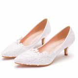 Breakj Simple Lace Flower Wedding Shoes White 5Cm High Heels Wedding Photos Adult Wedding Shoes Wedding