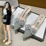 Breakj Summer New Korean Version Of The Bow Water Diamond Tip Head Half Drag High Heel Slippers Thin Heel Women's