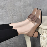 Spring New High Heels Square Head Thick Heel Middle Heel Work Shoes Square Button Head Layer Cowhide Four