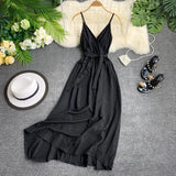 Maldives Holiday Dress Sexy Backless Straps V-neck Dress Women Solid Color Thai Seaside Maxi Long Big Swing Fairy