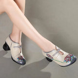Women Embroidery Pumps Grey Lady 6CM High Heels Shoes Handmade Women Genuine Leather Pumps Autumn Shoes