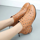 2021 Summer Ankle Boots Genuine Leather Shoes Women Med High Heel Back Zipper Boots Cutout breathable Mujer