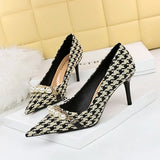 Breakj Thousand Bird Case High Heels Slender High Heels Shallow Pointed Pearl Chain Plaid Women's Single