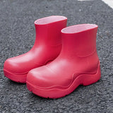 Trend Women Boots Solid Color Waterproof Rain Boots Slip-on Head Short Boots Avocado Ankle Boots PU Women Platform