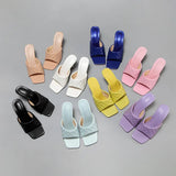Summer Square toe Women slippers Fashion Thin heeled Ladies Mules Elegant Female High heels Outside Slides Women Sandals