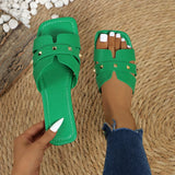 Breakj Asian Women Solid Color Large-Size Rivet Slippers Casual Side Toe Flat Summer Light Beach