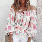 Summer Women Slash Neck Off-shoulder Print Chiffon T-shirts Casual Loose Flared Sleeves Streetwear Tops Elegant