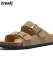 2023 New Summer Men Cork Slipper Casual Beach Double Buckle Non-slip Outside Nubuck Leather Slip on Slides