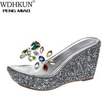 2020 Women Transparent Clear Crystal Sequins Platform Wedge Thick Sole Sandals High Heels Mules Slides Summer Beach