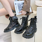 Autumn New Coin Purse Designer Women Ankle Boots Leisure Black PU Mid Heel Ladies Shoes Open Zipper Chain Women