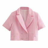 Chic Pink Shorts Suit Women 2021 Fashion Double Breasted Pockets Short Sleeve Texture Blazers Buttons Shorts