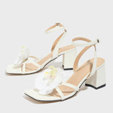 Breakj Sales Women's Shoes Orchid Head Coarse And Stone-Print White Fabric High Heel Sandals Coarse Heel High