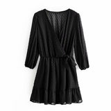 2021 Summer Women Ruffles Lace Chiffon Dress Boho Mini Beach Dress Three Quarter Sleeve Ladies Party Dresses