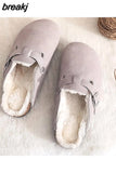 2023 New Winter Unisex Cork Slippers Casual Women Plush Inside Men Buckle Nubuck Leather Closed Toe Slide Slip on