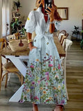Women Elegant Commuter Lapel Puff Sleeve Long Dress Chic Floral Print Pocket Tie High Waist Dress Summer Office Elegant