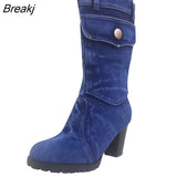 jeans boots Women's Mid-rise Rome Solid Slip-On Chunky Med Heels Boots wild vintage Large Size Ladies