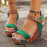 Breakj New Leisure Slope And Embroidery High Heel Sandals Women Buckle With Toe Thick-Soled Women's