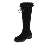 Fashion Rabbit Fur Snow Boots For Women Rubber Sole Knee High Boots Winter Warm Shoes Chunky Heel Faux Suede Plus