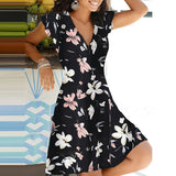 Summer 2021 New Casual Floral Print V Neck Pullover A-line Dress Fashion Short Sleeves Elegant Office Lady Party