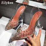 2022 New Gold Silver PVC Transparent Rivet Diamond Pumps Sandals Perspex Heel Pointed Toe Crystal Silver Wedding