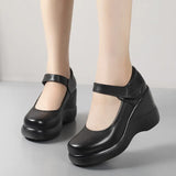 Breakj And Autumn Women's Shoes Thick Bottom Slope And Shallow Single Shoes High Heels Ladies Leather Shoes Magic Stick Round Head Loose Cake Middle-Naught Mother