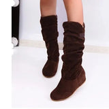 For Women Pleated Female Flock Warm Shoes Round Toe Flat Woman Casual Footwear Women's Mid-calf Boots Drop