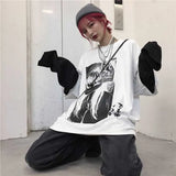 Harajuku T-shirt Women Fake 2 Pieces Print Japanese Fujiang Horror Comics Long Sleeve Shirt Women Vetement Femme