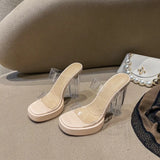 Breakj Women's Summer New Wearing Transparent Word With High-Heeled Slippers Waterproof Table Crystal Thick Tape Large-Size