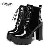 2021 Thick High Heeled Female Patent Leather Ankle Boots Round Toe Lace-up Zipper Women Short Boots Gothic Women